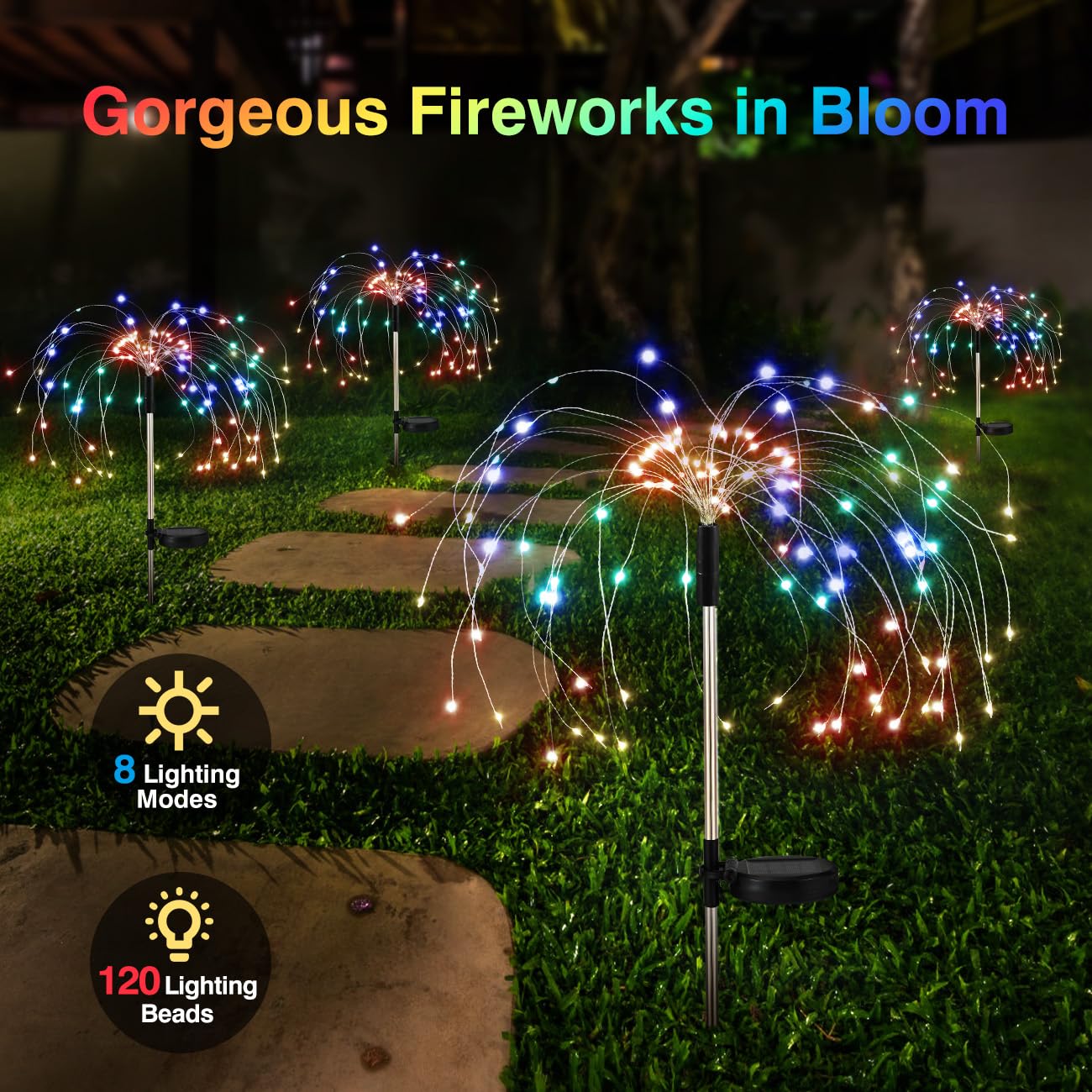 Lewondr Firework Solar Garden Lights, 120 LED Solar Firework Lights with 8 Lighting Modes, Waterproof Sparkler Starburst Solar Lights Outdoor for Yard Porch Patio Backyard Christmas Decor Gift, 4 Pack