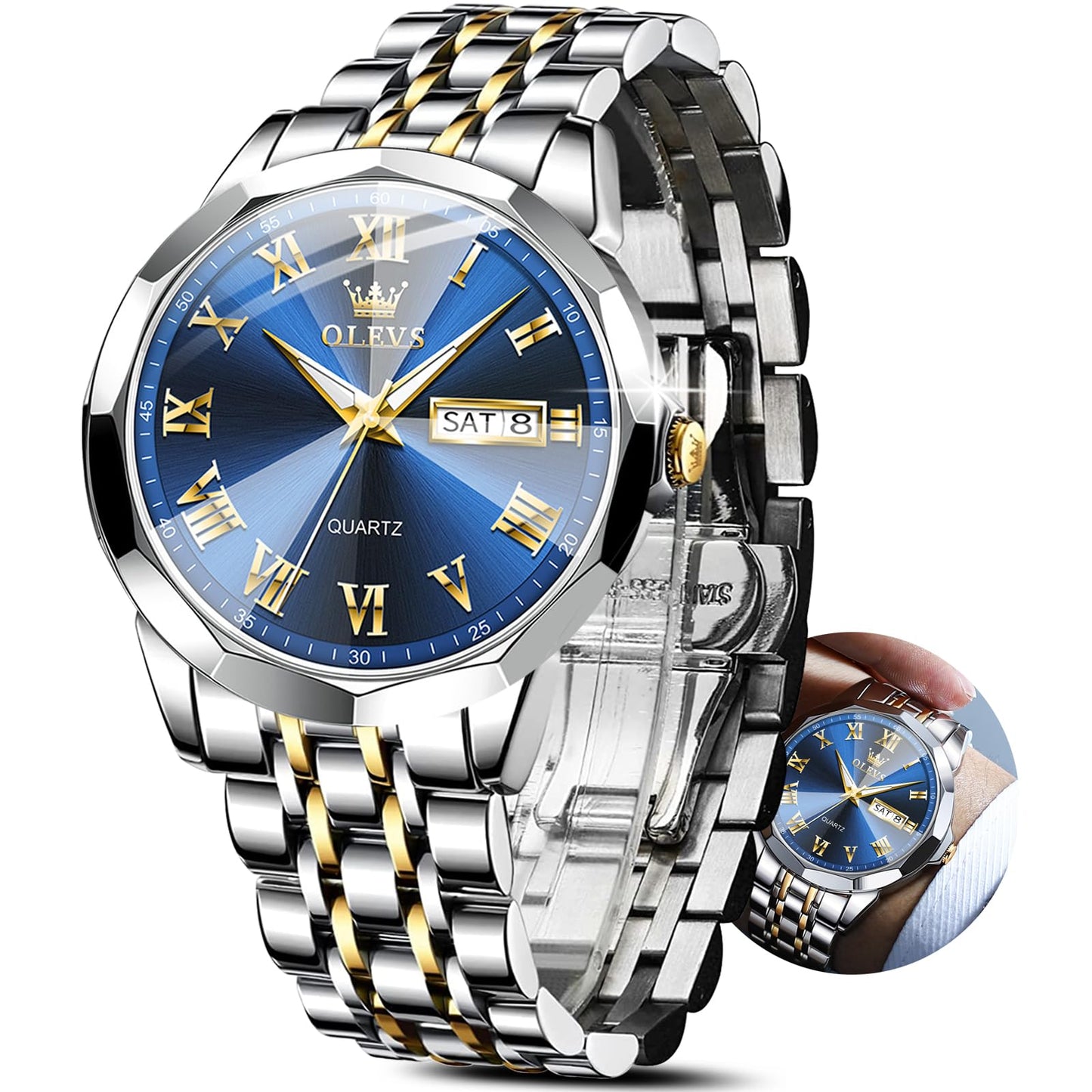 OLEVS Watch Men Blue Face Men's Watch with Day Date Big Face Gold and Silver Stainless Steel Men Watch Business Dress Watches for Men Classic Analog Men's Wrist Watches Reloj de Hombre Roman Numerals