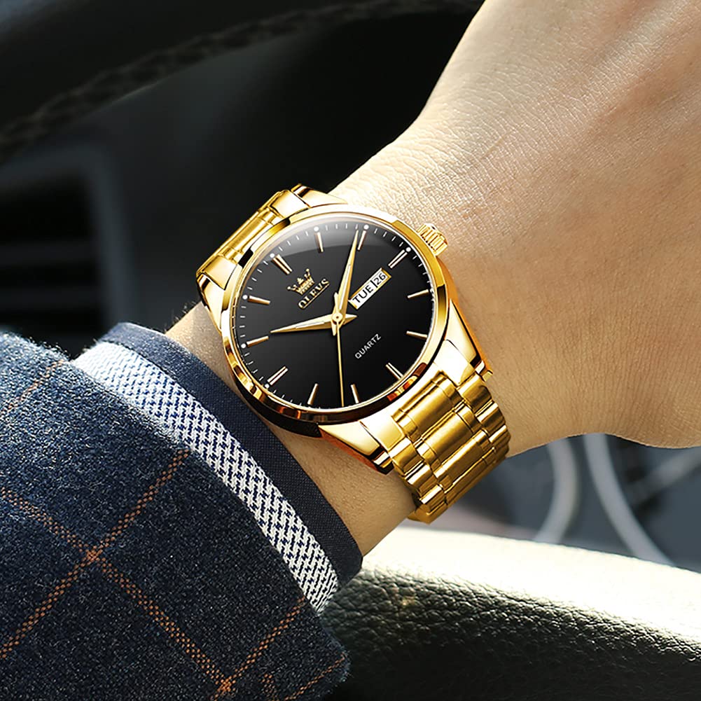 Black Gold Watch for Men,Day and Date Men Watch,Men Gold Tone Watch,Fashion Gold Men Watches,Male Watch,Business Waterproof Men Watch,Luxury Gold Men Watches,Luminous Man Watch,Dress Watch for Men