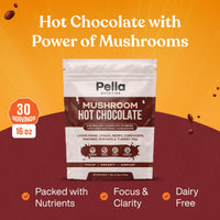 Pella Organic Mushroom Hot Chocolate Blend (30 Servings) with 7 Superfood Mushrooms - Lion's Mane, Reishi, Chaga, Cordyceps, Shiitake, Maitake, and Turkey Tail - Delicious Fairtrade Instant Hot Cocoa Mix