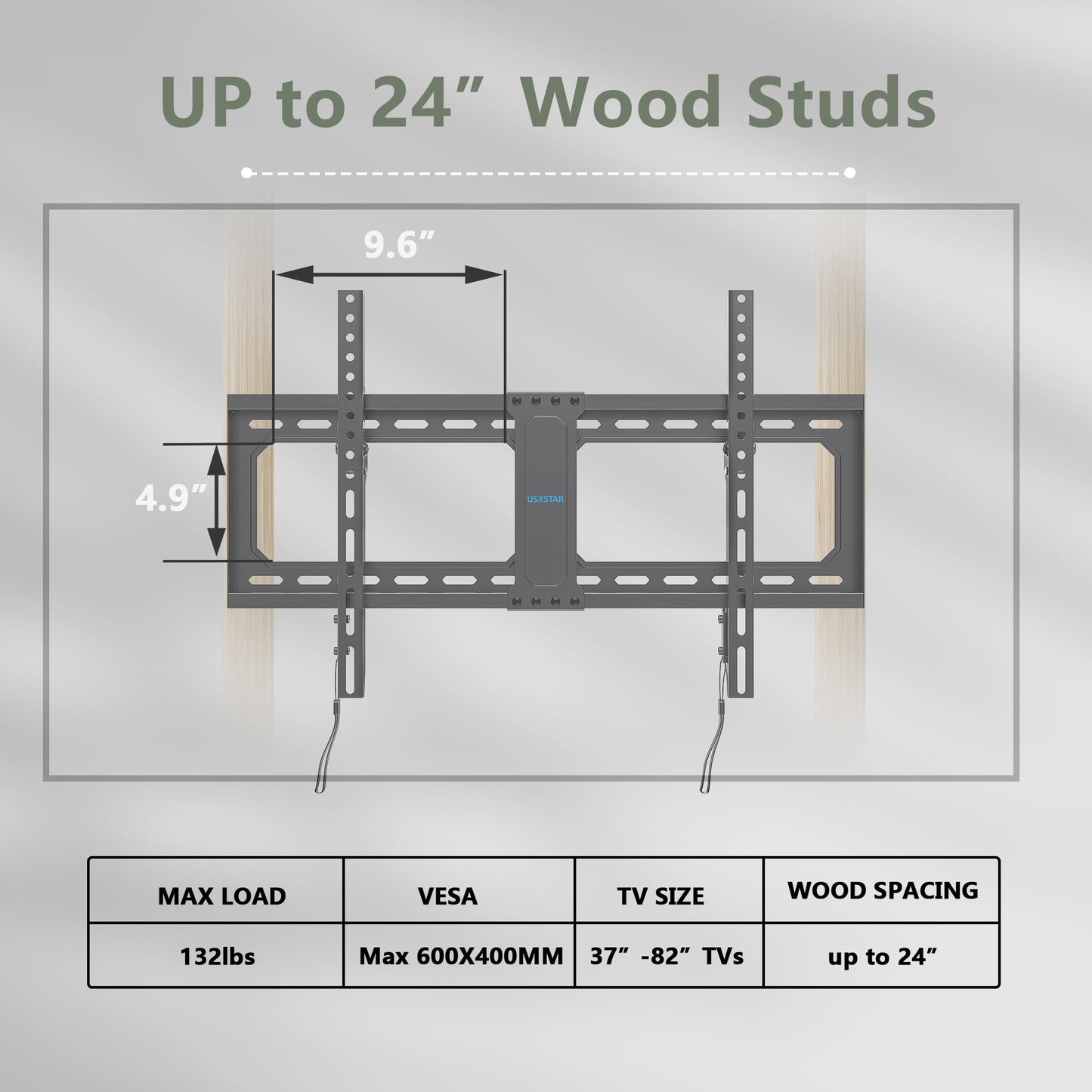 Tilt TV Wall Mount Fits 16-24" Studs, Holds 37-82" TVs up to 132 lbs, Max VESA 600x400mm - By USX STAR