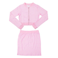 THLAI Women 2 Piece Skirt Set Long Sleeve Jacket Crop Top and Bodycon Mini Skirt Set Pink Party Outfits Birthday Suits