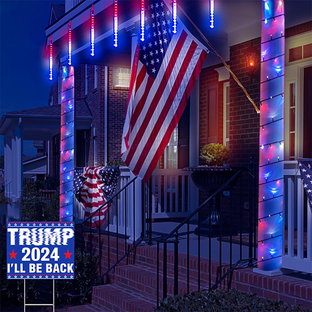 4th of July Decorations Outdoor, Red White Blue Meteor Shower Lights for Independence National Memorial Day, US Flag Lights for 2024 President Election Campaign American Presidential Election, 8 Tubes