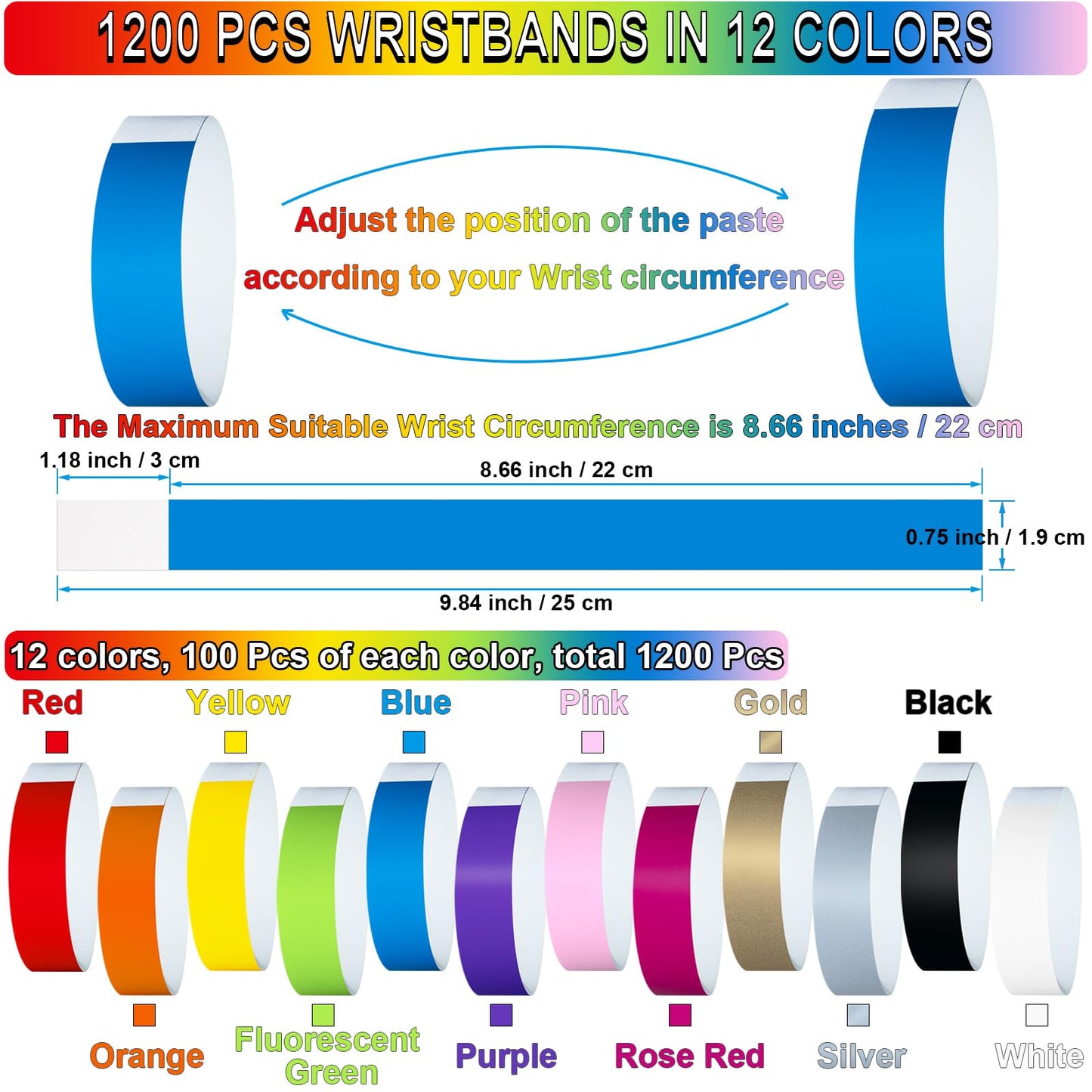 1200 Pcs Paper Wristbands for Events Plastic Neon Color Wrist Bands Concert Identification Wristbands Paper Bracelets Wristbands Party Hand Bands (Multicolor)