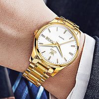 Gold Steel Watches for Men,Date Day Man Watch,Gold Men Watch White,Gold Waterproof Watch Men,Dress Watch for Men,Fashion Gold Wrist Watch for Men,Men Watches Luxury,Luminous Male Watch,OLEVS Watch Men