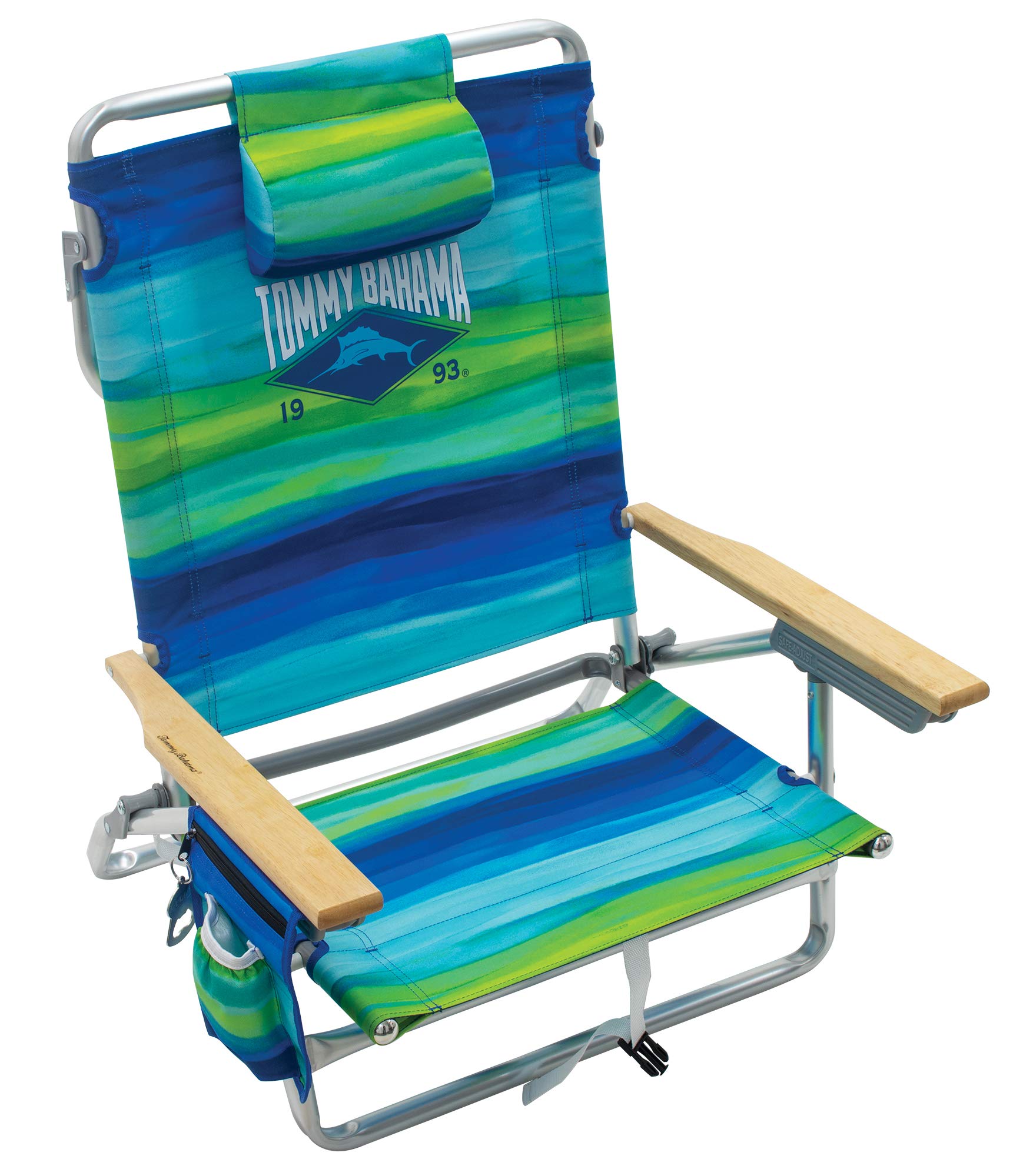Tommy Bahama 5-Position Classic Lay Flat Folding Backpack Beach Chair, Blue and Green Stripe , 23" x 25.25" x 31.5"