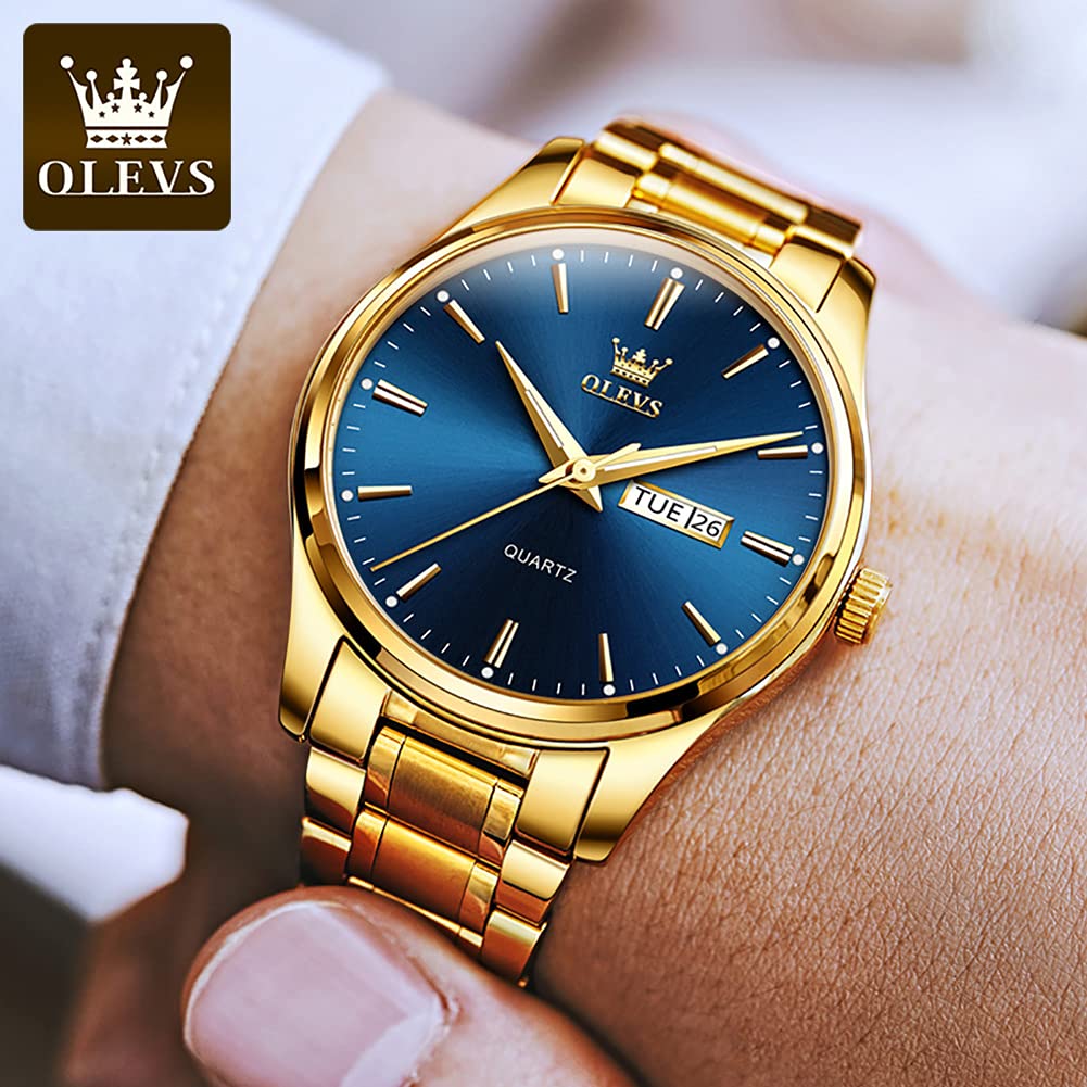 OLEVS Gold Steel Watches for Men,Day Date Watches Men Gold,Mens Watch Blue Dial,Gold Watch Men with Day,Mens Watch,Dress Waterproof Men Watches,Luminous Men Watch,Classic Watch for Men