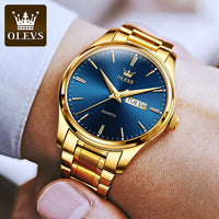 OLEVS Gold Steel Watches for Men,Day Date Watches Men Gold,Mens Watch Blue Dial,Gold Watch Men with Day,Mens Watch,Dress Waterproof Men Watches,Luminous Men Watch,Classic Watch for Men