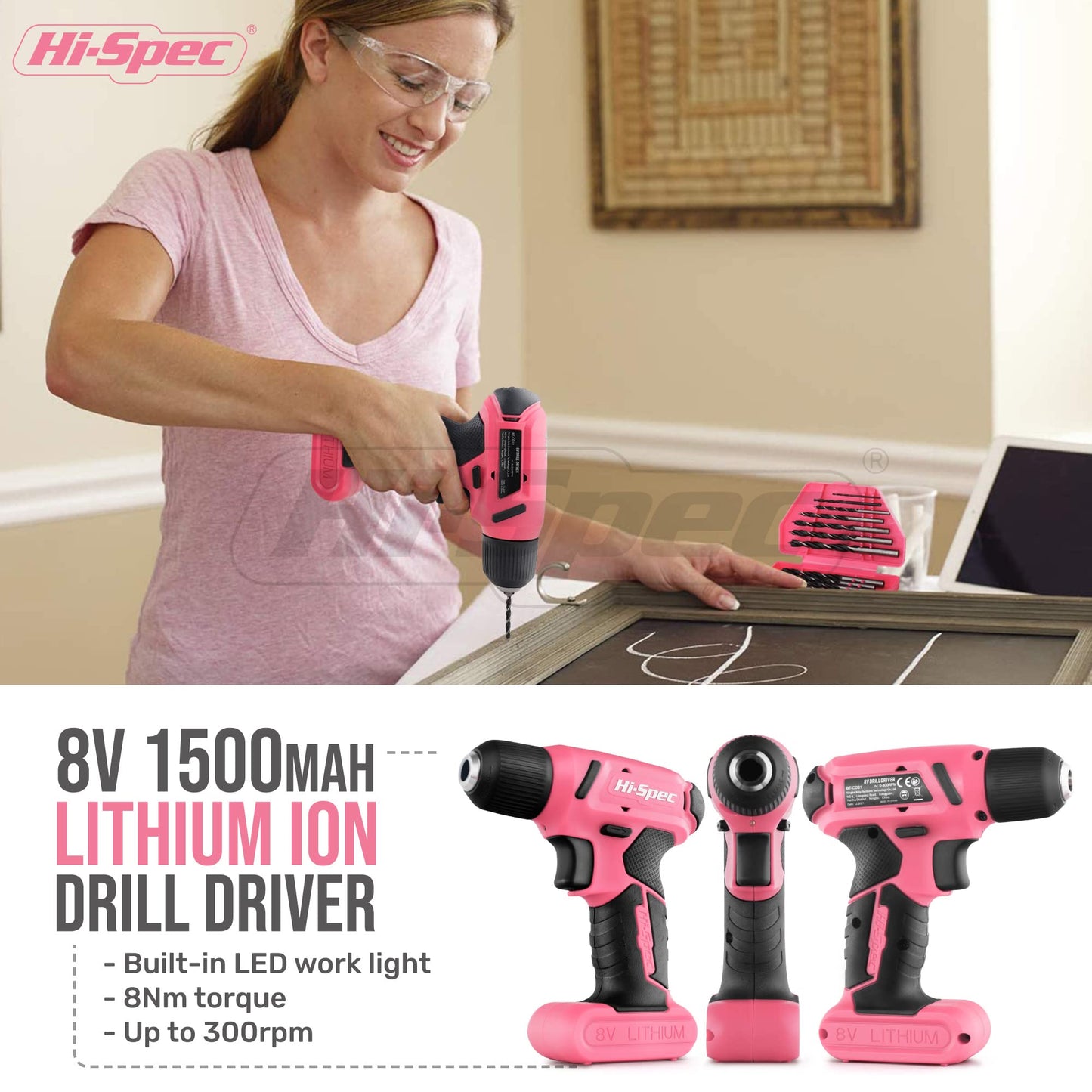 Hi-Spec Drill Set 58pc Pink Tool Set 8V USB Electric Drill Driver & Household Tool Kit. DIY Cordless Power Screwdriver