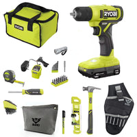 Buho Household Tool Kit Accessory Bundle - Ryobi 18V Cordless Drill Driver 1.5 Ah Battery Charger Hand Tools Drill Bits Tool Bag Holster Pouch Flashlight