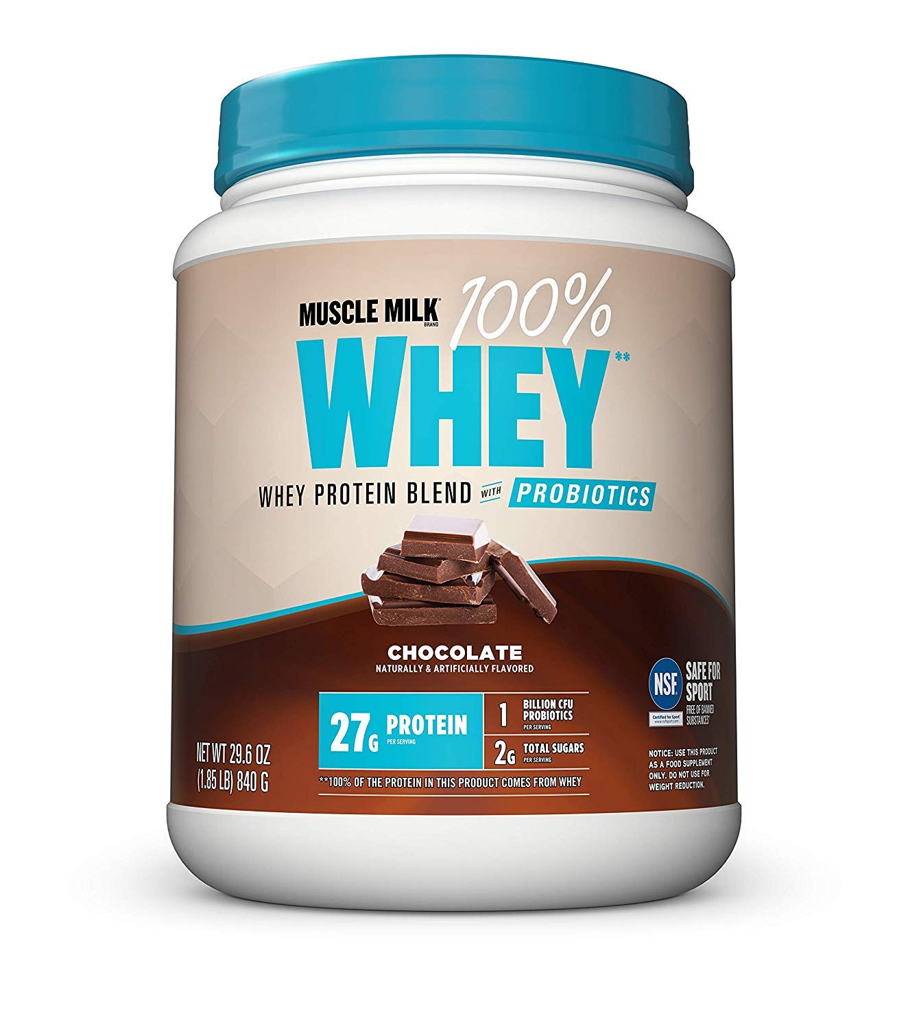 Muscle Milk 100% Whey With Probiotics Protein Powder, Chocolate, 1.85 Pound, 23 Servings, 27g Protein, 2g Sugar, 1B CFU Probiotics, Low in Fat, NSF Certified for Sport, Packaging May Vary