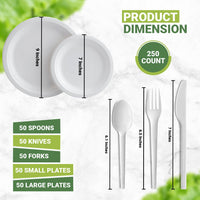 250 Pieces Compostable Utensil Set, 50 Large, 50 Small Biodegradable Paper Plates with 60 Forks, 60 Spoons, 60 Knives, Plastic Alternative Cutlery