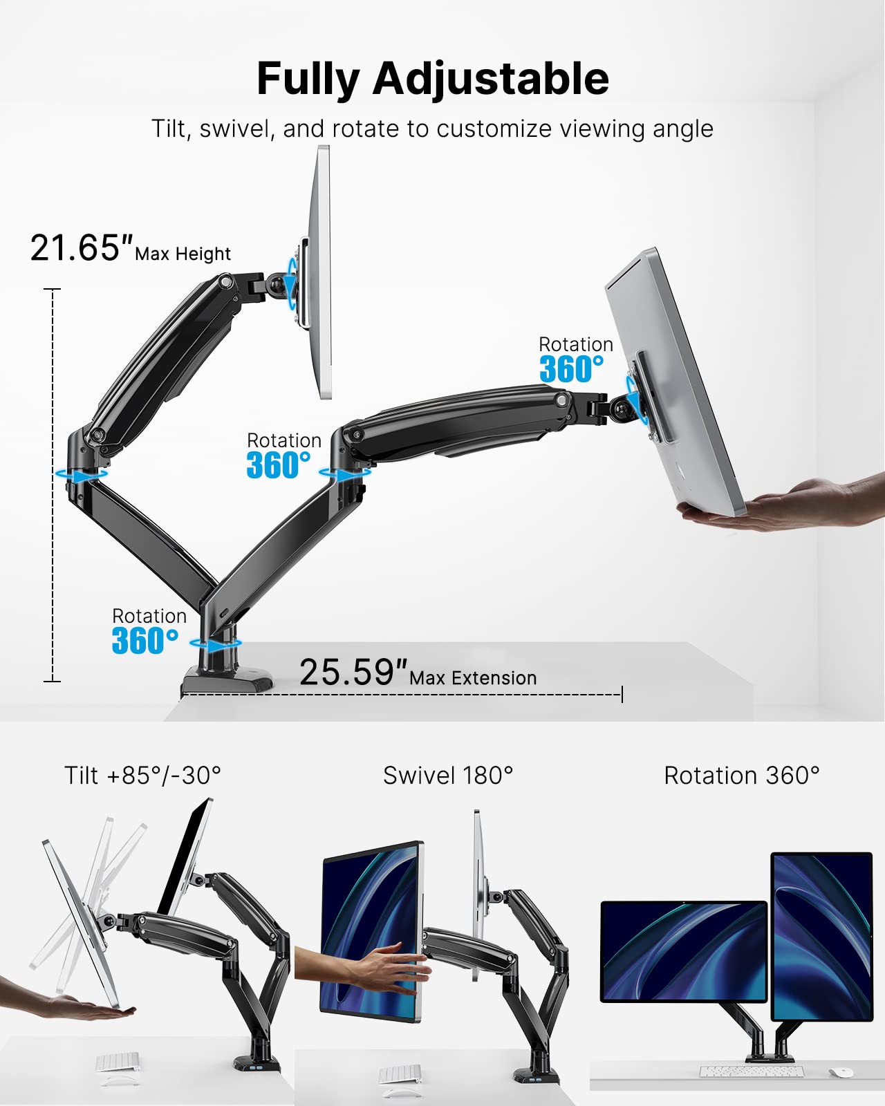 HUANUO Dual Monitor Stand for 13 to 35 inch, Premium Dual Monitor Mount with USB, Height Adjustable Monitor Stands for 2 Monitors, VESA Bracket with Clamp/Grommet Base, Each Arm Hold up to 26.4lbs