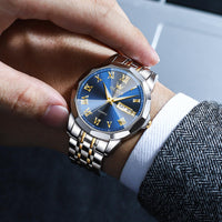 OLEVS Watch Men Blue Face Men's Watch with Day Date Big Face Gold and Silver Stainless Steel Men Watch Business Dress Watches for Men Classic Analog Men's Wrist Watches Reloj de Hombre Roman Numerals