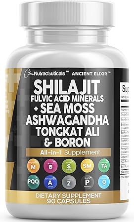 Clean Nutraceuticals Shilajit Supplement 10,000mg with Sea Moss 6000mg, Ashwagandha 6000mg, Tongkat Ali, Boron, Magnesium - Fulvic Acid Capsules for Men - 90 Count