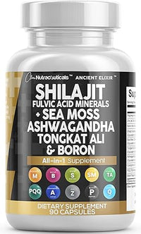 Clean Nutraceuticals Shilajit Supplement 10,000mg with Sea Moss 6000mg, Ashwagandha 6000mg, Tongkat Ali, Boron, Magnesium - Fulvic Acid Capsules for Men - 90 Count