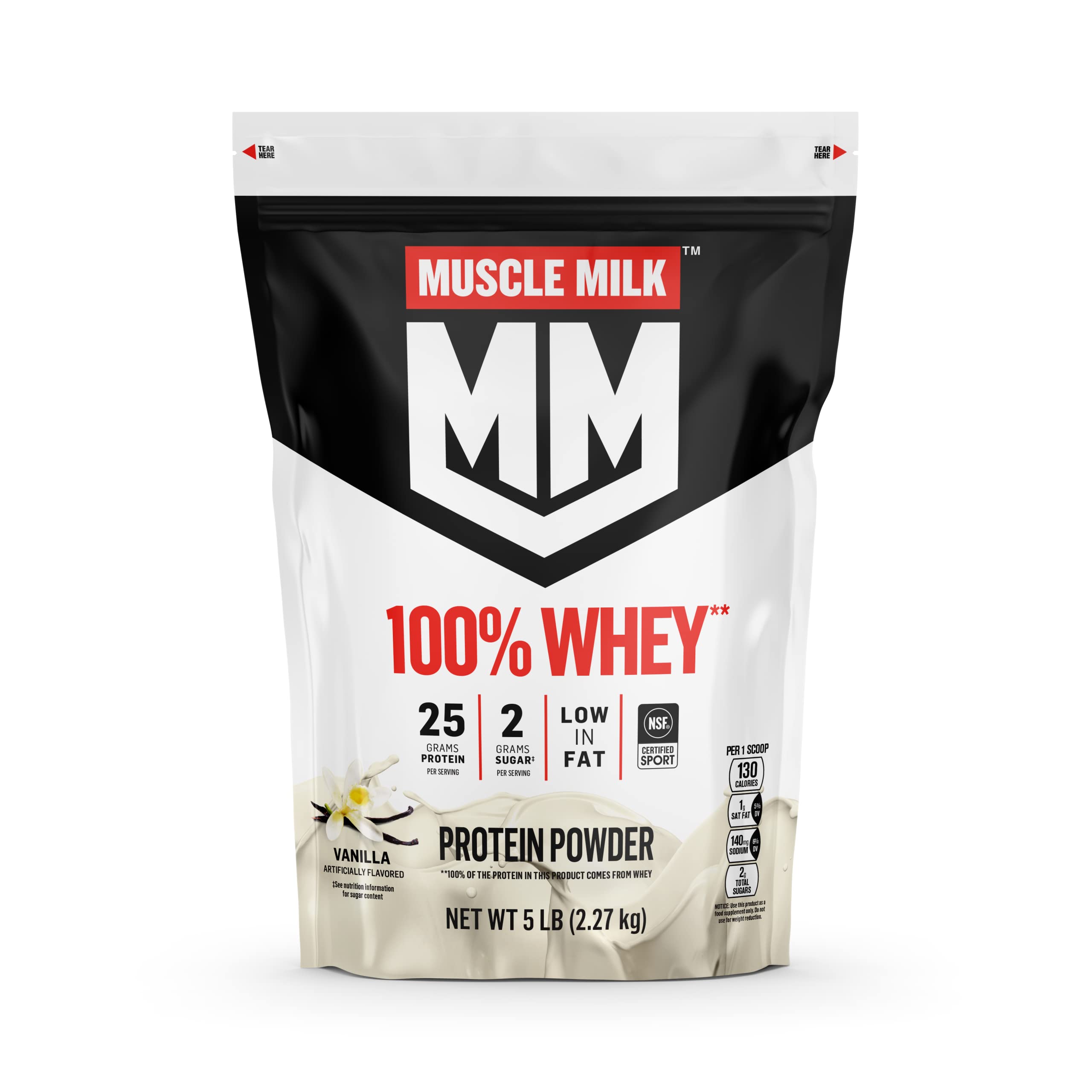 Muscle Milk 100% Whey Protein Powder, Vanilla, 5 Pound, 68 Servings, 25g Protein, 2g Sugar, Low in Fat, NSF Certified for Sport, Energizing Snack, Workout Recovery, Packaging May Vary