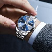 OLEVS Silver Watch Men Blue Face Stainless Steel Big Face Silver Wrist Watches for Men Waterproof Analog Classic Men's Watch with Day Date Mens Dress Watches Fashion Reloj De Hombre Easy to Read