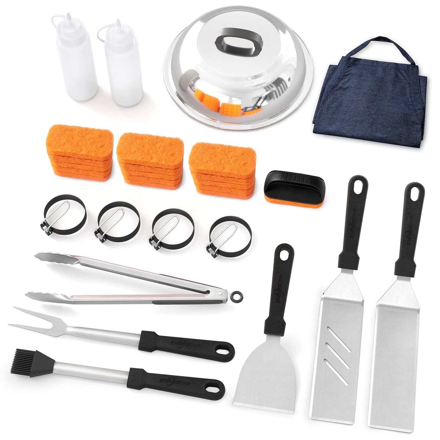 30-Piece Griddle Cleaning Kit and Grill Accessories for Blackstone, Spatula Set, Apron, Scraper, Melting Dome, Egg Rings, Squeeze Bottles, Tongs and Fork Included