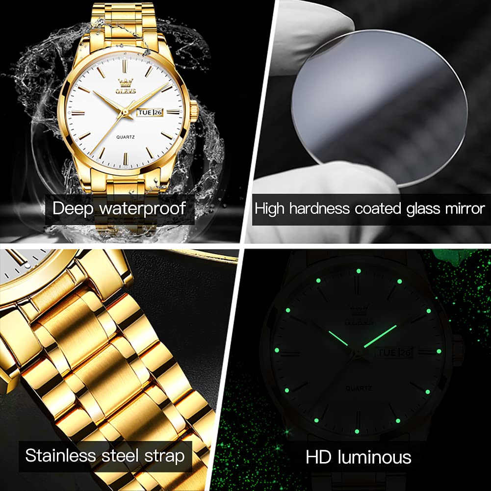 Gold Steel Watches for Men,Date Day Man Watch,Gold Men Watch White,Gold Waterproof Watch Men,Dress Watch for Men,Fashion Gold Wrist Watch for Men,Men Watches Luxury,Luminous Male Watch,OLEVS Watch Men