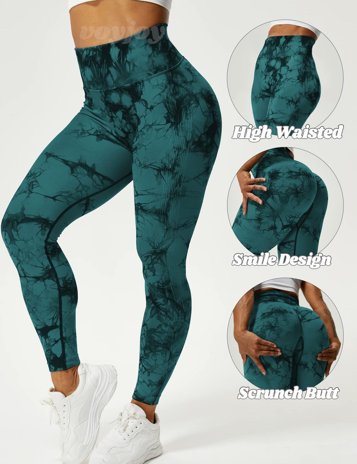 VOYJOY Tie Dye Seamless Leggings for Women High Waist Yoga Pants, Scrunch Butt Lifting Elastic Tights Blue Green