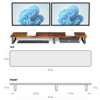 Desktop Dual Monitor Stand Riser - Wood Monitor Stand for 2 Monitors, Computer Stand with Metal Legs & Drawer, Office Desk Organizers and Storage, Monitor Shelf for Computer/Laptop/Printer/TV, Vintage
