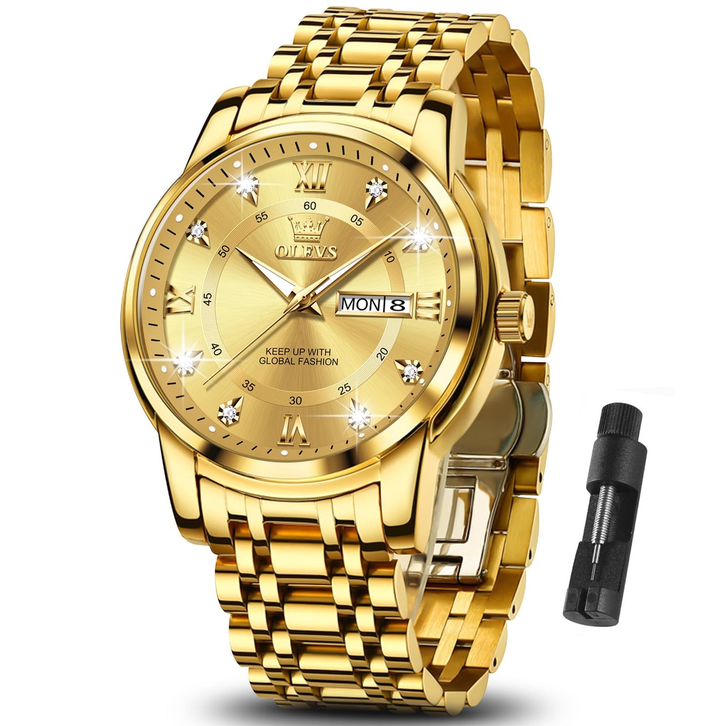 OLEVS Watch for Men Luxury Gold Mens Watch with Day and Date Waterproof Gold Stainless Steel Men's Watch Diamond Roman Numerals Dress Men's Wrist Watches Analog Quartz Watch Men,Reloj de Hombre