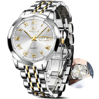 OLEVS Large Face Watches for Men Gold and Silver Stainless Steel Mens Watches Luxury Analog Watches Two Tone Big Men Wrist Watches Waterproof Luminous Classic Man Watch Day Date Watches for Men Reloj