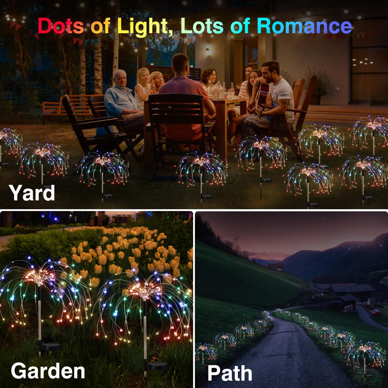 Lewondr Firework Solar Garden Lights, 120 LED Solar Firework Lights with 8 Lighting Modes, Waterproof Sparkler Starburst Solar Lights Outdoor for Yard Porch Patio Backyard Christmas Decor Gift, 4 Pack