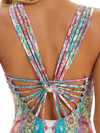 Vibrant Floral Print One Piece Swimsuit - Deep V Neck, Crisscross Back, Stretchy, Hollow Out Design, Vintage Elegant Style - Women's Swimwear, Bathing Suit for Summer Vacation