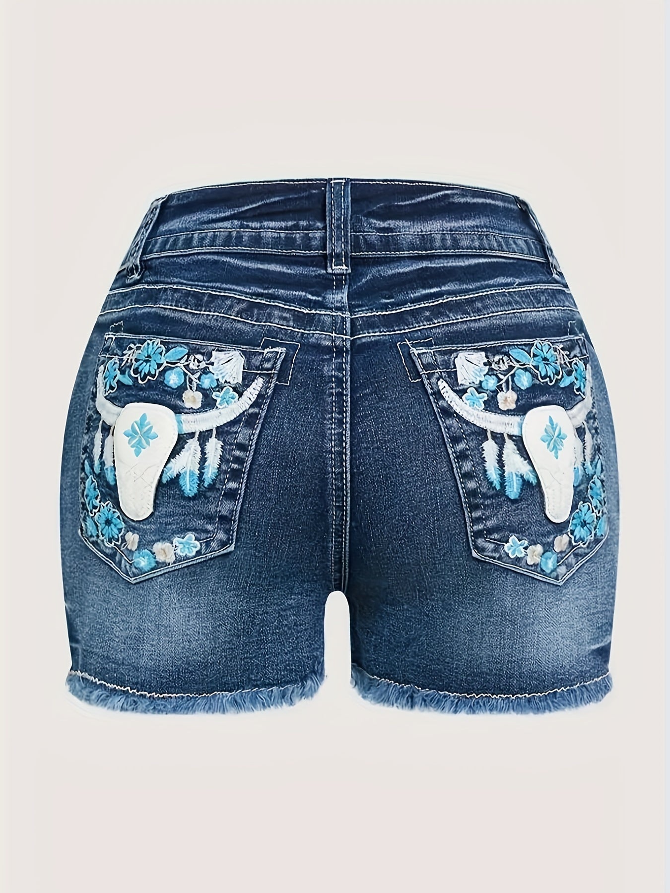 Mid Waist Skinny Fit Embroidered Denim Shorts - Casual Summer Fashion with Frayed Hem, Pocket Detailing, and Slight Stretch Fabric - Perfect for Spring and Summer Seasons