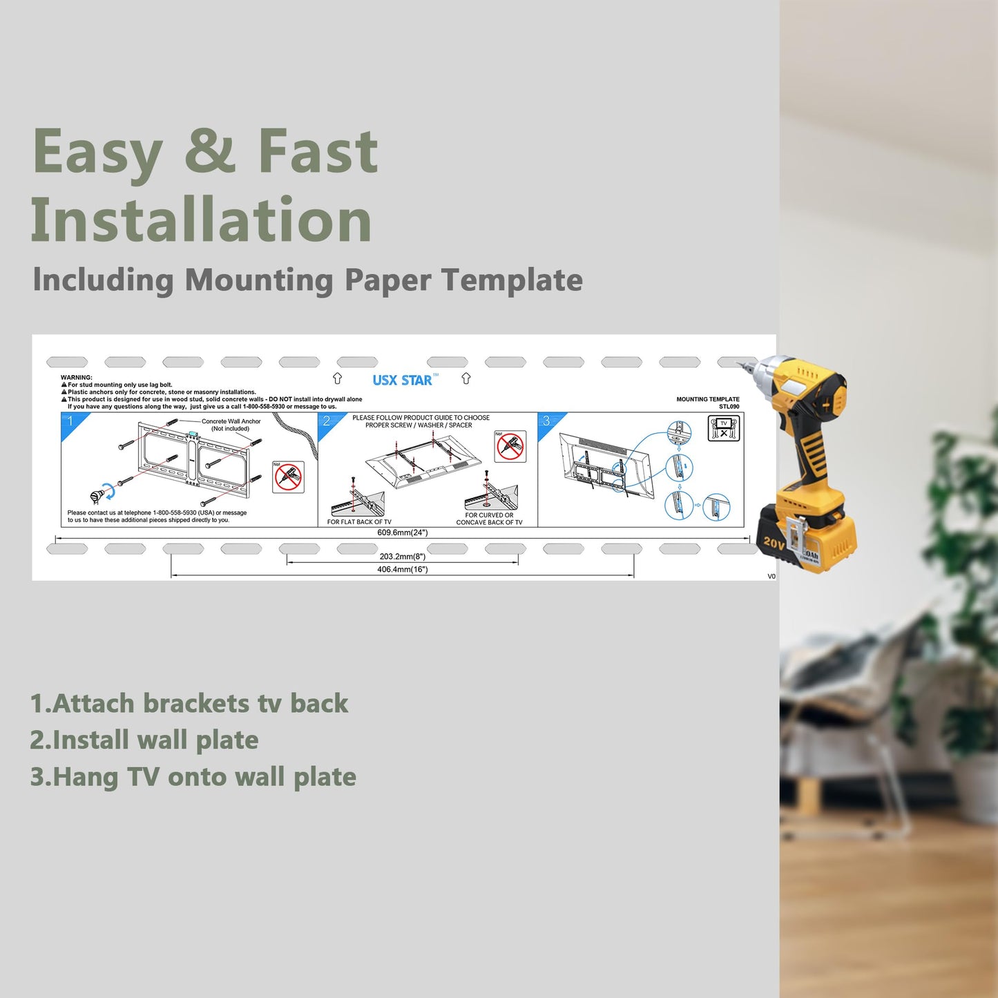 Tilt TV Wall Mount Fits 16-24" Studs, Holds 37-82" TVs up to 132 lbs, Max VESA 600x400mm - By USX STAR