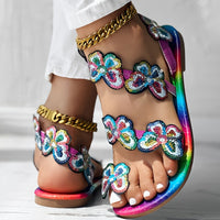 [Flowers Flat Women's Sandals] Women's Flowers Flat Sandals, Fashion Toe Loop Faux Pearl Slip On Shoes, Casual Beach Travel Sandals