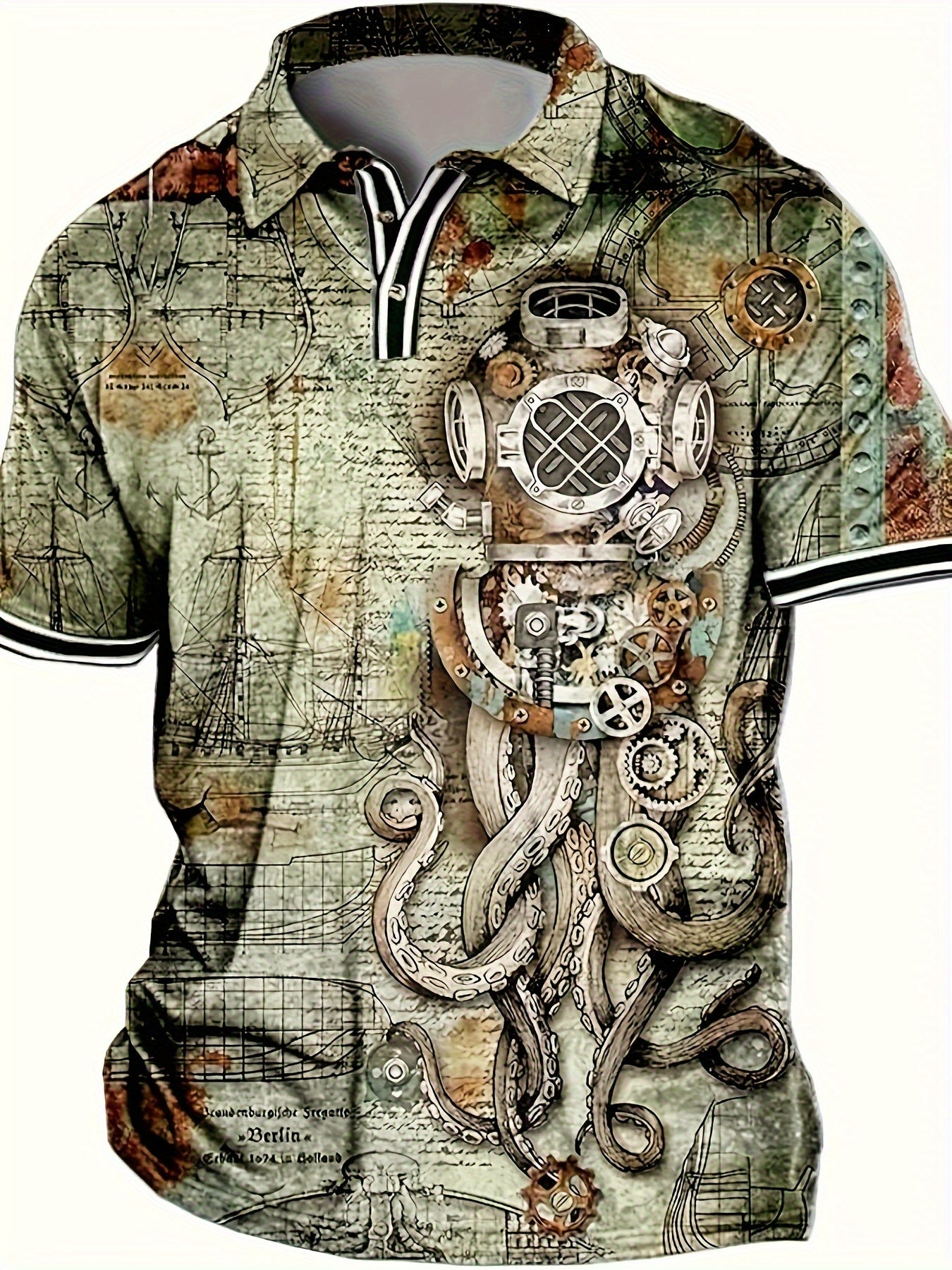 Men's Casual Shirt with Unique Octopus Print - Breathable Polyester, Perfect for Golf & Outdoor Activities