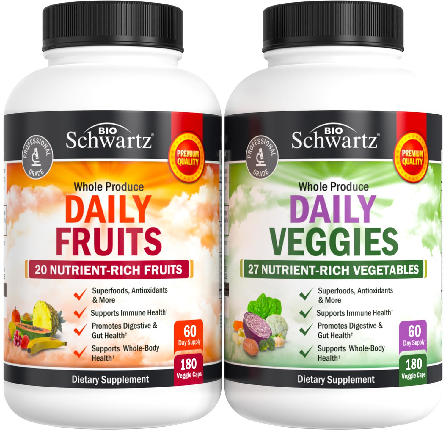 Daily Fruits and Veggies Supplement for Women and Men - 47 Whole Food Fruits and Vegetables - Diverse Natural Balance of Vitamins Minerals and Noni - 180 Fruit Capsules, 180 Veggie Capsules (2 Pack)