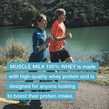 Muscle Milk 100% Whey With Probiotics Protein Powder, Chocolate, 1.85 Pound, 23 Servings, 27g Protein, 2g Sugar, 1B CFU Probiotics, Low in Fat, NSF Certified for Sport, Packaging May Vary
