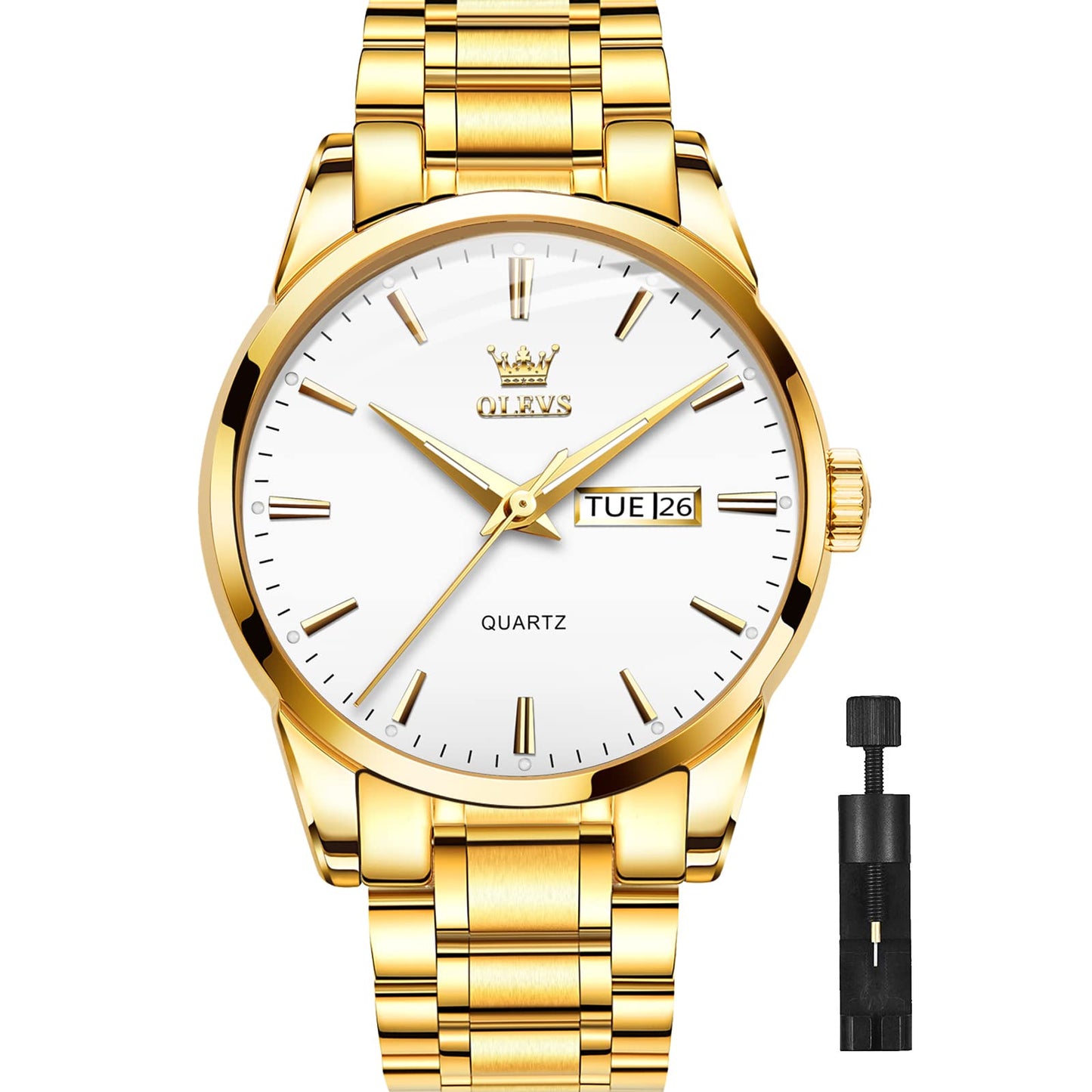 Gold Steel Watches for Men,Date Day Man Watch,Gold Men Watch White,Gold Waterproof Watch Men,Dress Watch for Men,Fashion Gold Wrist Watch for Men,Men Watches Luxury,Luminous Male Watch,OLEVS Watch Men