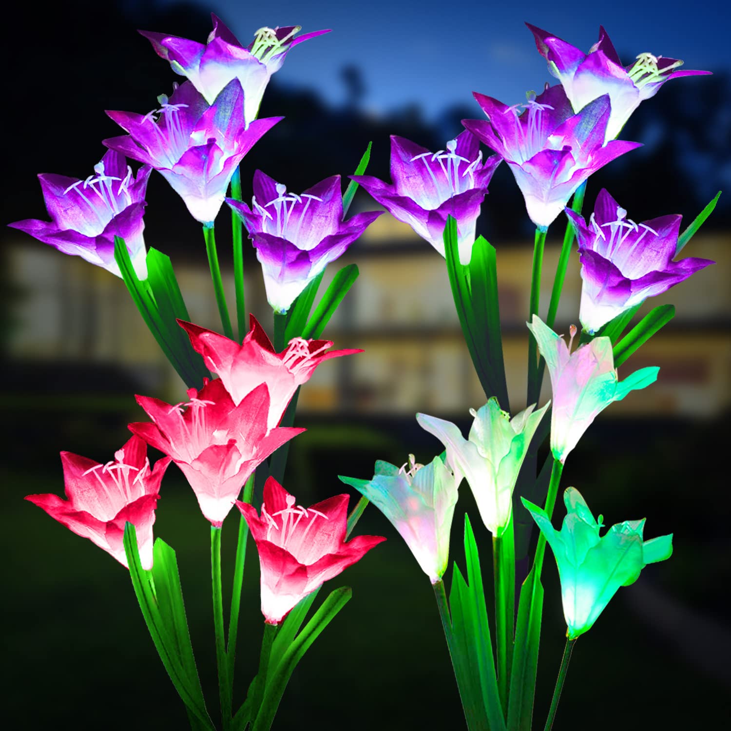 KOOPER Outdoor Solar Lights, 4 Pack Solar Garden Lights with Bigger Lily Flowers, Waterproof 7 Color Changing Solar Lights Outdoor - Bigger Solar Panel for Outdoor Patio Yard Garden Decoration