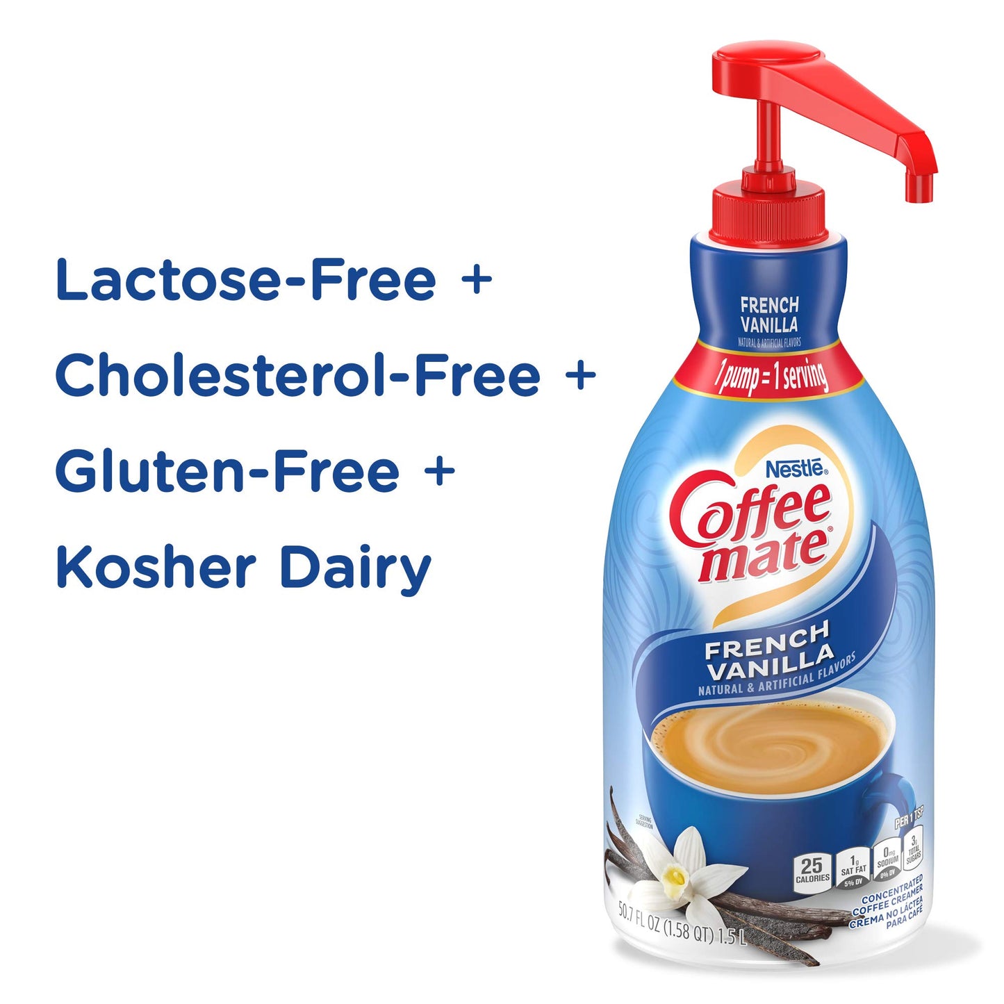 Nestle Coffee Mate Coffee Creamer, French Vanilla, Concentrated Liquid Pump Bottle, Non Dairy, No Refrigeration, 50.7 Ounces