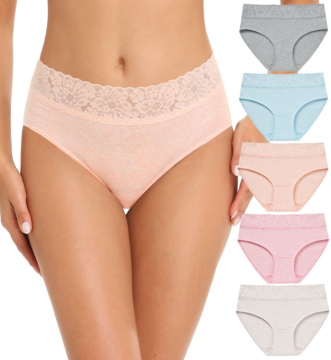 RHYFF Womens Underwear Cotton Hipster Panties Lace Soft Bikini Panty Ladies Stretch Full Briefs 5 Pack S-XL(R6004M-Light)