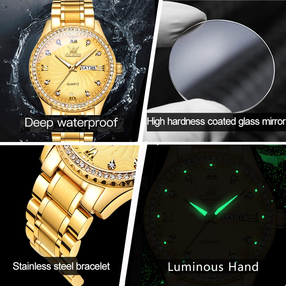 OLEVS Gold Mens Watch with Day Date Luxury Stainless Steel Men Watches Big Face Watches for Men Diamond Waterproof Dress Quartz Analog Round Men's Wrist Watches Gifts for Him Reloj De Hombre Luminous