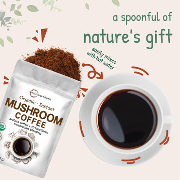 Organic Instant 10 in 1 Mushroom Coffee Powder, 28 Ounce (317 Servings)| Premium Arabica Coffee with Lion’s Mane, Chaga, Reishi,& More| Immune Support