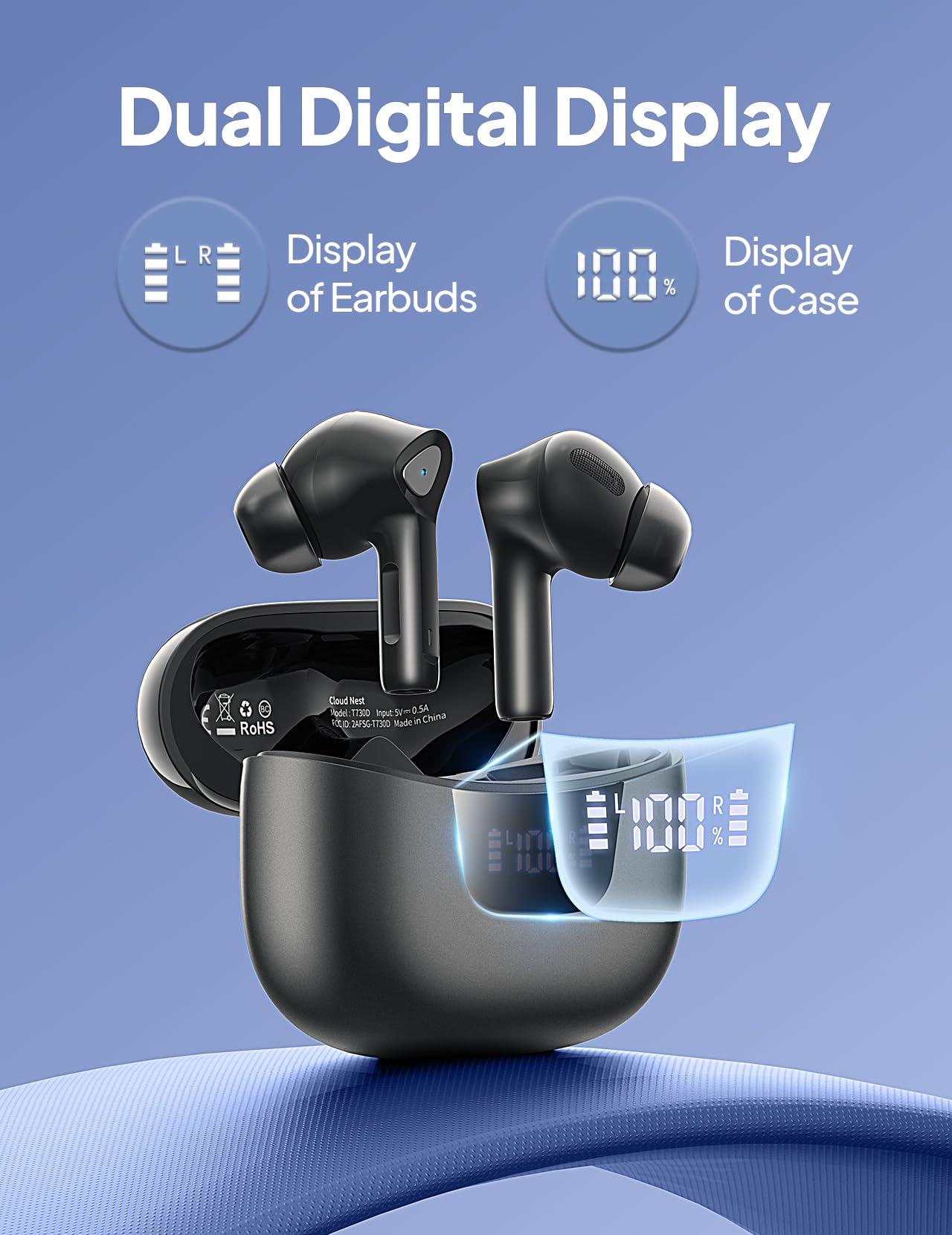 Wireless Earbuds Bluetooth V5.3 Headphones 50H Playback Deep Bass Stereo Ear Buds with LED Power Display Charging Case IPX7 Waterproof Earphones with Mic Headset for Laptop Pad Android/iOS Phones