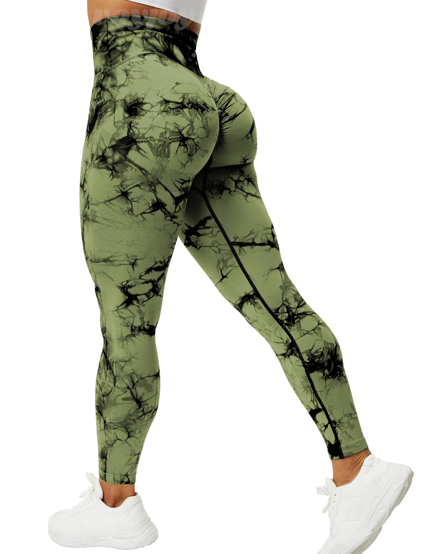 VOYJOY Tie Dye Seamless Leggings for Women High Waist Yoga Pants, Scrunch Butt Lifting Elastic Tights Army Green
