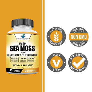 American Standard Supplements Irish Sea Moss 1200mg, Bladderwrack 1200mg and Burdock Root 225mg Per Serving - Vegan, Gluten Free, Non-GMO, 120 Capsules, 40 Servings