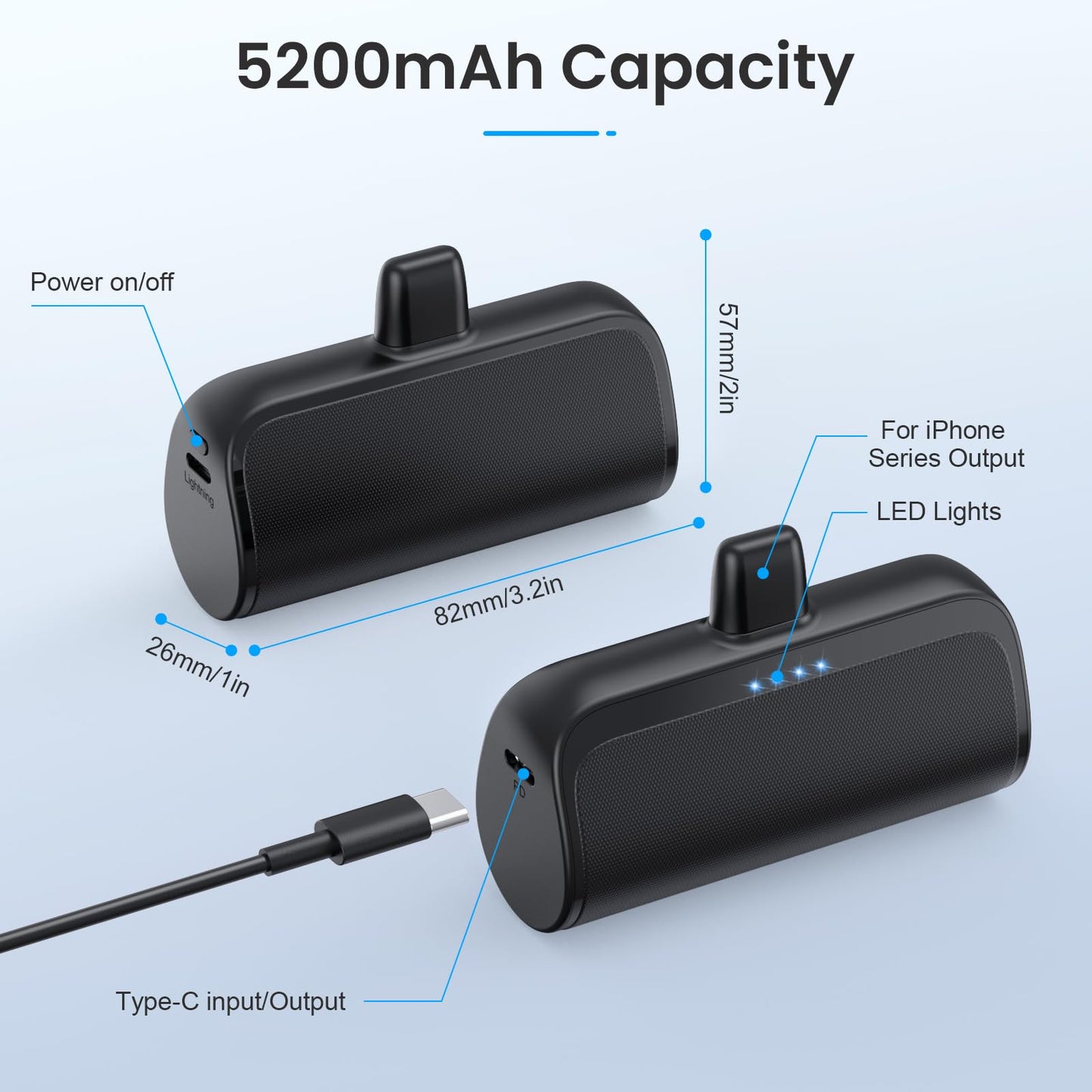 Mini Portable Charger Power Bank for iPhone,5200mAh Portable Phone Charger, Ultra-Compact PD Fast Charging Battery Pack Compatible with iPhone 14/14 Plus/Pro Max/13/12/12 Mini/11/XS/XR/X/8/7/6/6s