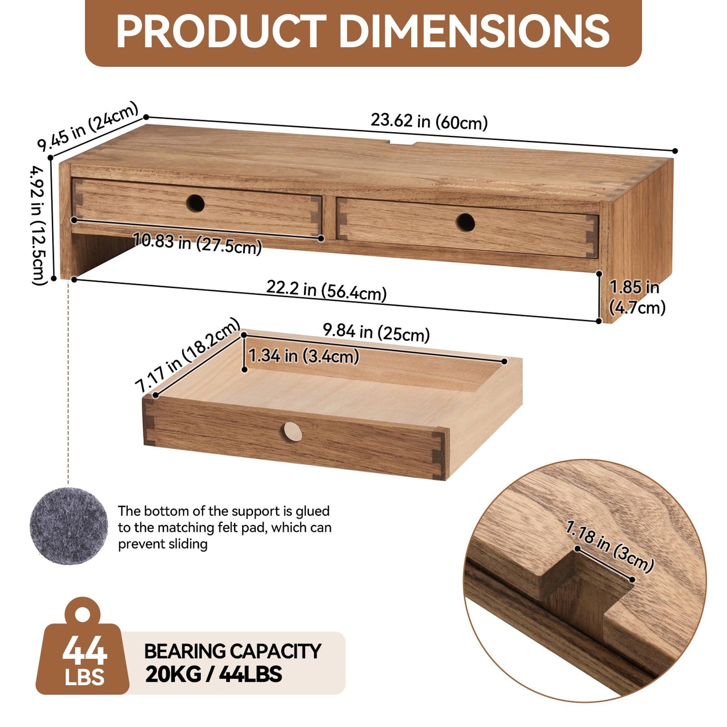 KIRIGEN Wood Monitor Stand with 2 Drawers - Computer Arm Riser Desk Storage Organizer,Speaker TV Laptop Printer Stand with Pen Slot and Cable Management,Dark Brown Desktop Shelf for Office DBR-2PMJ