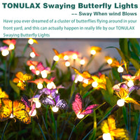 TONULAX Solar Garden Lights - Newest Swaying Butterfly Light, Swaying in The Wind, Solar Outdoor Lights, Yard Patio Pathway Decoration, High Flexibility Iron Wire & Realistic Butterflies (2 Pack)