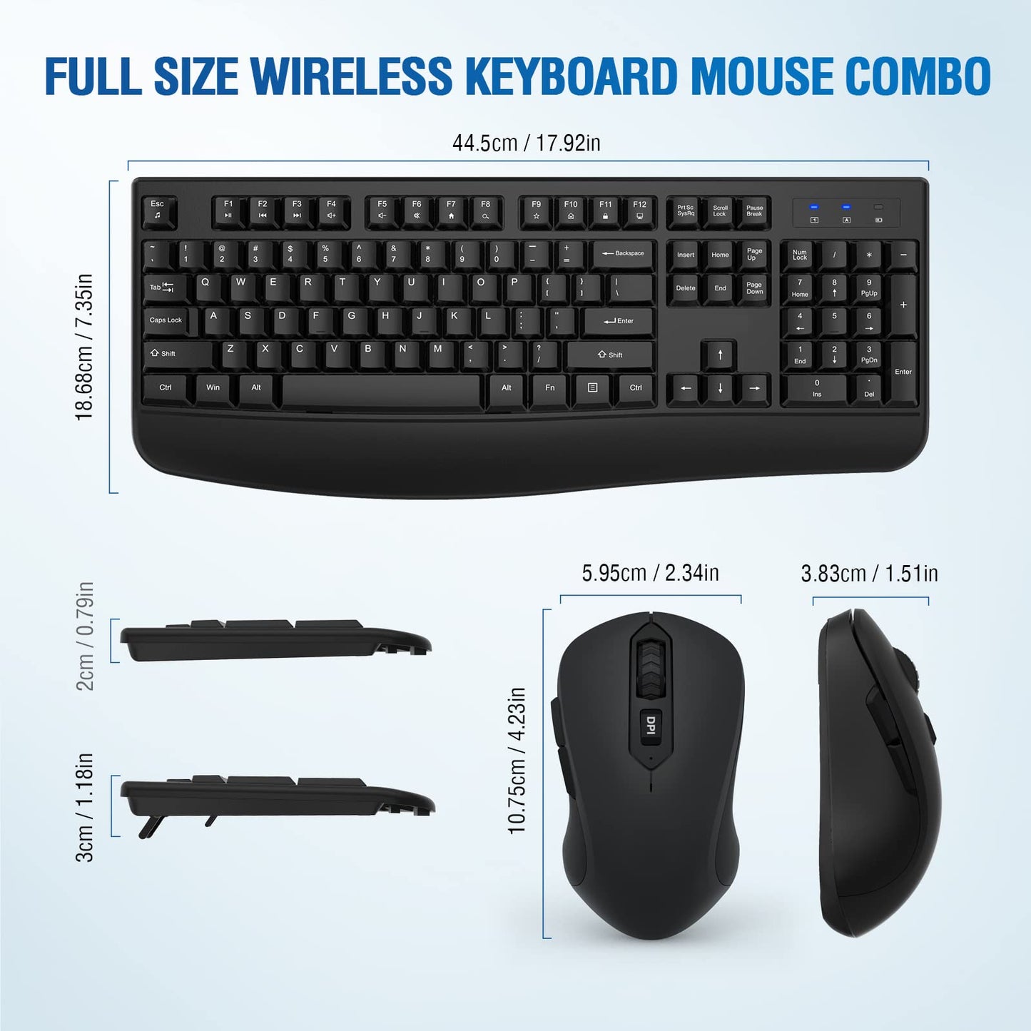 Wireless Keyboard and Mouse Combo, Full-Sized 2.4GHz Wireless Keyboard with Comfortable Palm Rest and Optical Wireless Mouse for Windows, Mac OS PC/Desktops/Computer/Laptops (Black)