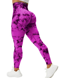 VOYJOY Tie Dye Seamless Leggings for Women High Waist Yoga Pants, Scrunch Butt Lifting Elastic Tights Purple Pink